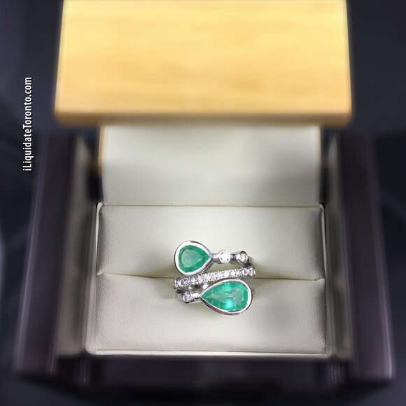 **BRAND NEW** Green Colombian Emerald and Diamond Bubble Ring in 14K White Gold - Picture 6 of 16